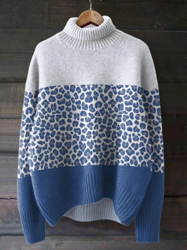 Blue Leopard Clashing Colours Art Print Knit Turtleneck Pullover Sweater