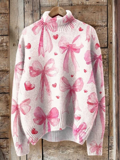 Breast Cancer Awareness Pink Ribbon Print Knit Turtleneck Pullover Sweater