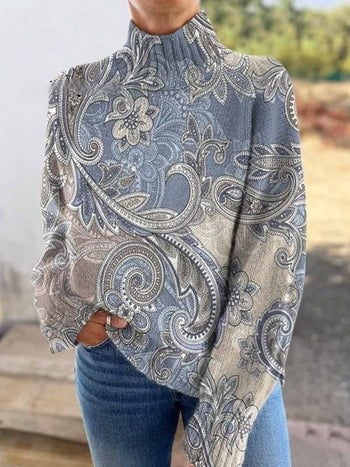 Women's Nation Paisley Print Knit Turtleneck Pullover Sweater