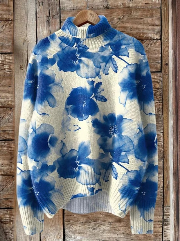 Blue Ink Floral Retro Print Knit Turtleneck Pullover Sweater