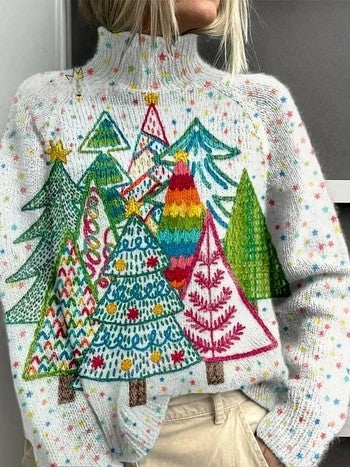 Vintage ChristmasTree Print Knit Turtleneck Pullover Sweater