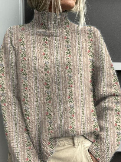 Countryside Style Floral Pattern Printed Knit Turtleneck Pullover Sweater