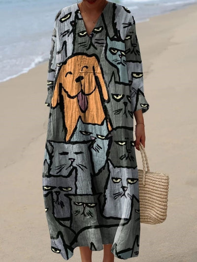 A Happy Puppy Mixed In with A Group of Unhappy Cats Decorative Pattern Flowy Dress