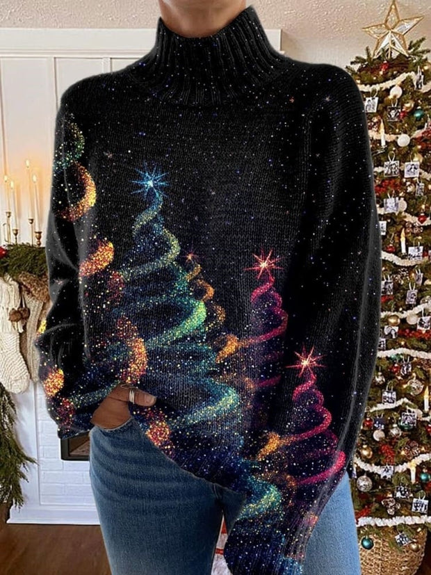 Glitter Christmas Tree Print Knit Turtleneck Pullover Sweater