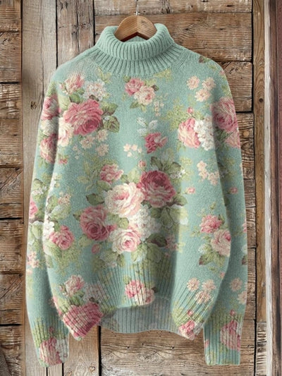 Fresh Retro Flowers Print Knit Turtleneck Pullover Sweater