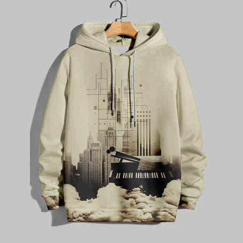 Vintage Piano and Cityscape Graphic Printed Hoodie