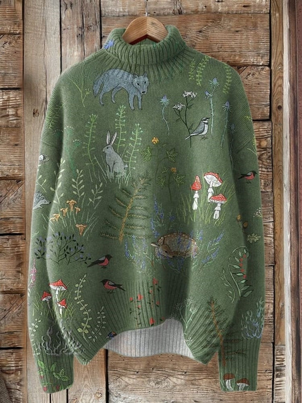 Woodland And Animal Pattern Printed Knit Turtleneck Pullover Sweater