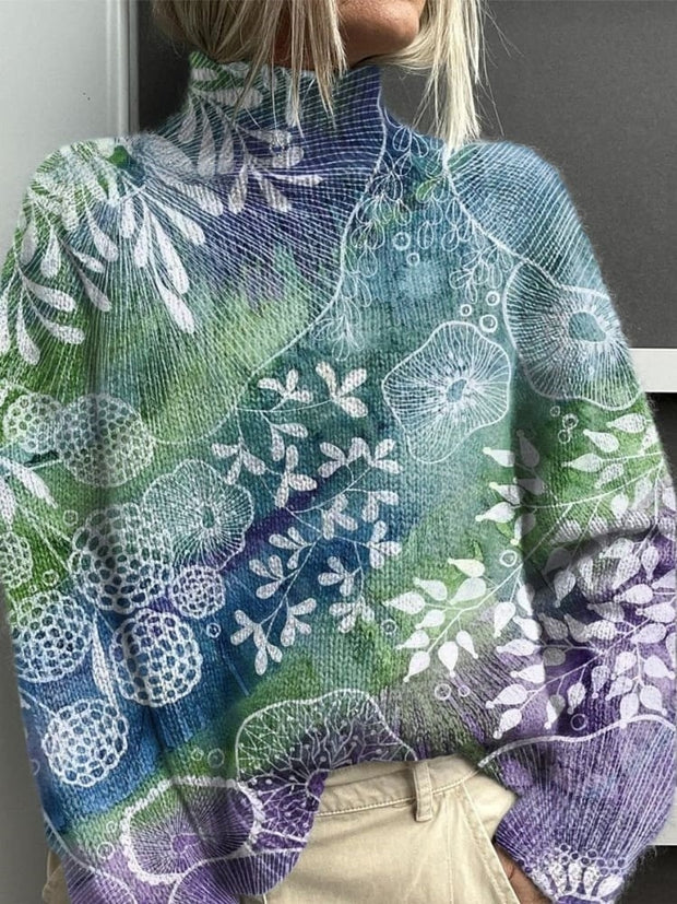 Abstract Watercolor Floral Pattern Printed Knit Turtleneck Pullover Sweater