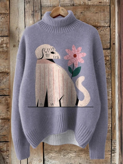 Cartoon Shepherd Dog Graphic Printed Knit Turtleneck Pullover Sweater