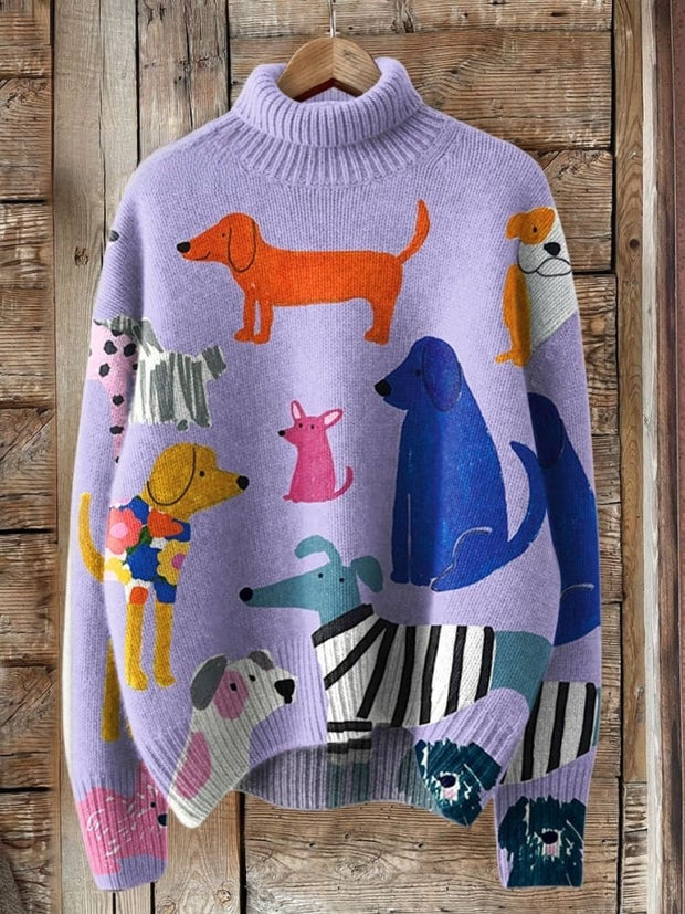 Dog Art Print Knit Turtleneck Pullover Sweater