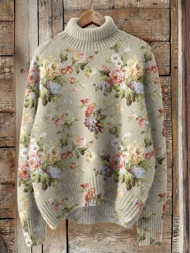 Retro Fresh Flowers Print Knit Turtleneck Pullover Sweater