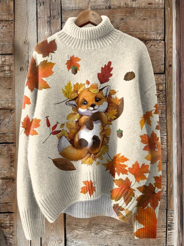 Autumn Vintage Maple Leaves Cute Fox Art Print Knit Turtleneck Pullover Sweater