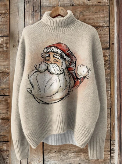 Hand Drawing Style Santa Graphic Printed Knit Turtleneck Pullover Sweater