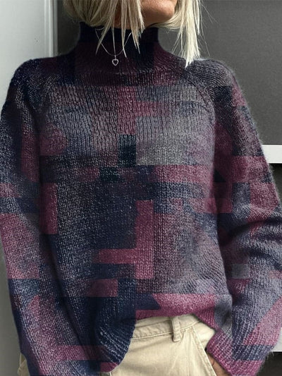 Abstract Geometric Pattern Printed Knit Turtleneck Pullover Sweater