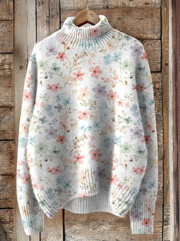 Lovely Floral Art Print Knit Turtleneck Pullover Sweater