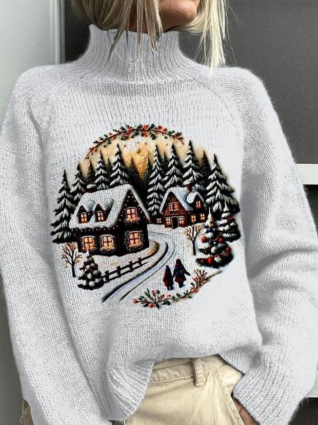 Christmas Tree Embroidery Art Print Knit Turtleneck Pullover Sweater