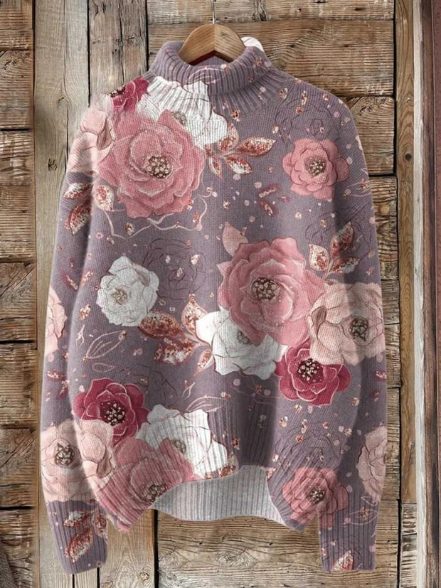 ❤️Warm Gift❤️Women's Pink Breast Cancer Awareness Flowers Print Knit Turtleneck Pullover Sweater