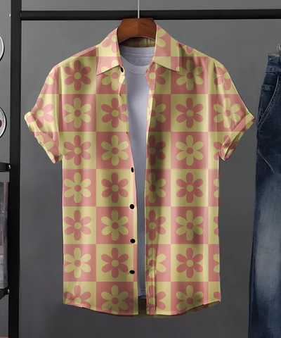 Vibrant Pink & Yellow Grid Pattern Premium Cotton Shirt for Men