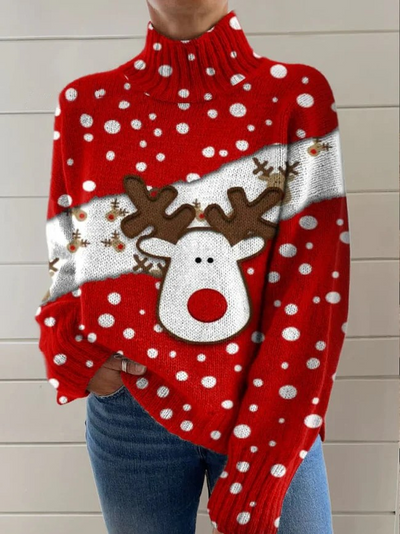 Christmas Red Polka Dot Cute Elk Print Knit Turtleneck Pullover Sweater