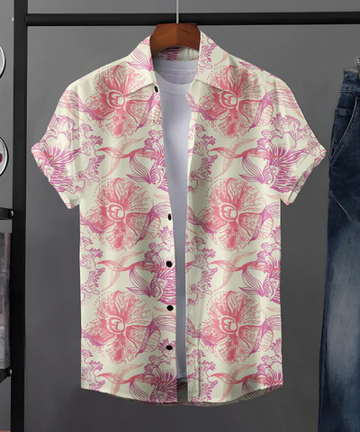 Pink and White Botanical Prints Premium Cotton Shirt for Men