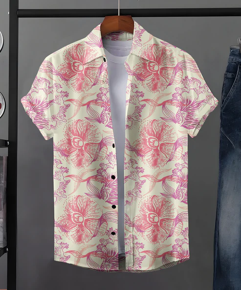 Pink and White Botanical Prints Premium Cotton Shirt for Men