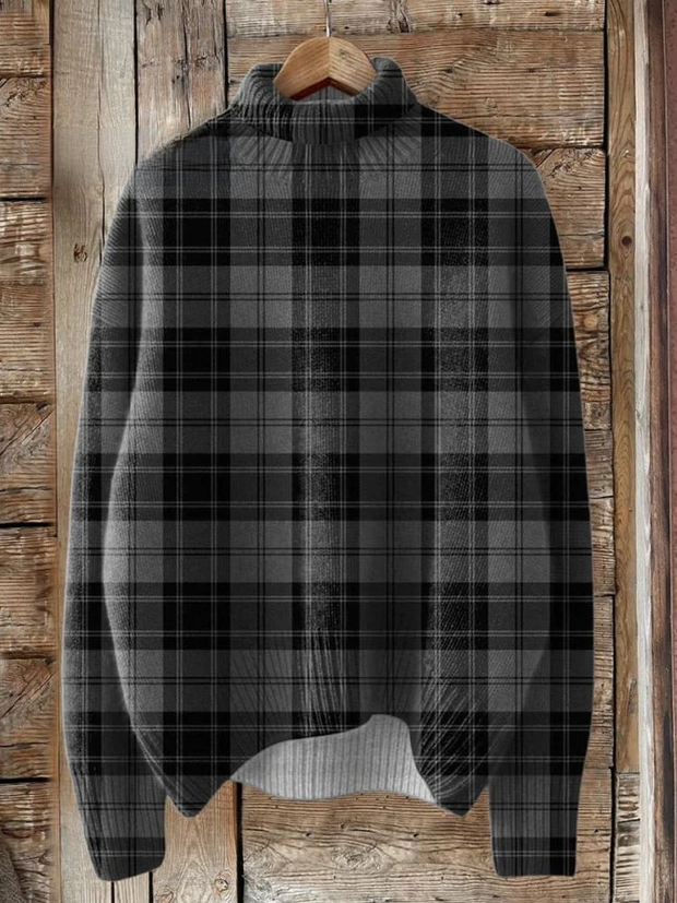 Black And Gray Check Pattern Printed Knit Turtleneck Pullover Sweater