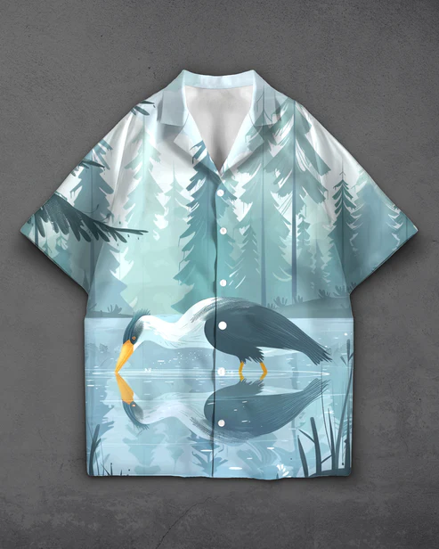 Nature-Inspired Water Bird Print Premium Cotton Shirt for Men