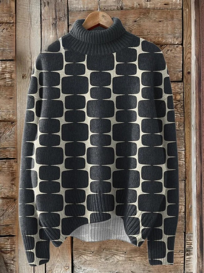 Black Geometric Square Block Pattern Printed Knit Turtleneck Pullover Sweater