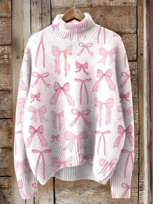 Breast Cancer Awareness Pink Ribbon Print Knit Turtleneck Pullover Sweater