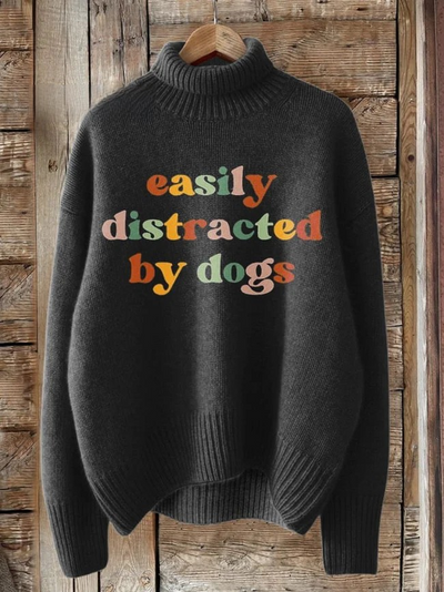 Easily Distracted By Dogs Print Knit Turtleneck Pullover Sweater