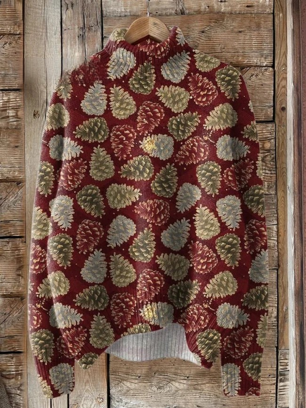 Christmas Pinecone Pattern Printed Knit Turtleneck Pullover Sweater