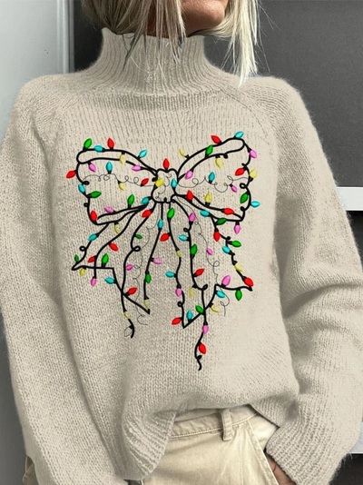 Bow Lantern Christmas Embroidery Art Print Knit Turtleneck Pullover Sweater