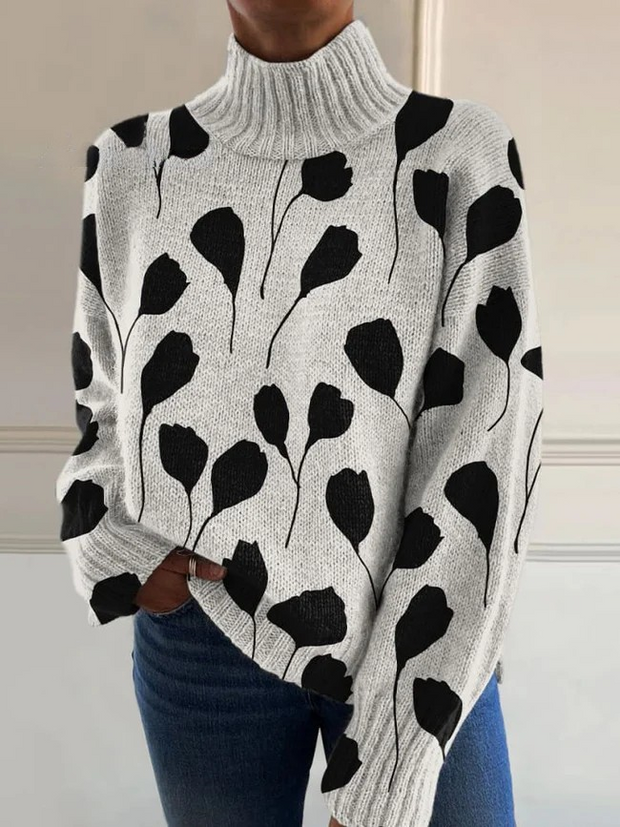 Black and White Floral Art Print Knit Turtleneck Pullover Sweater