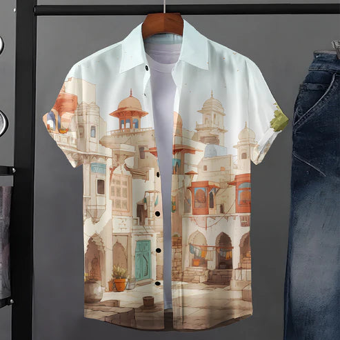 Architectural Cityscape Print Premium Cotton Shirt for Men