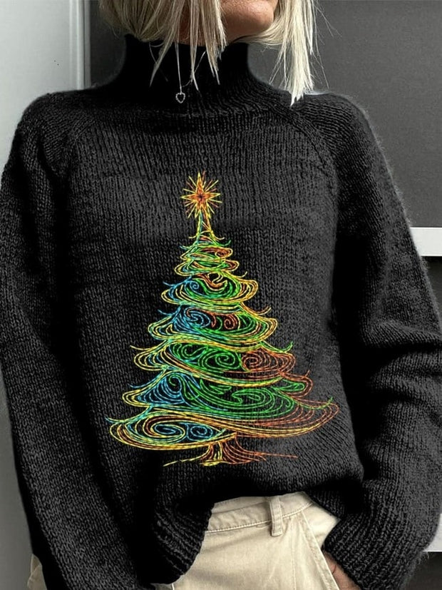 Christmas Tree Embroidery Art Print Knit Turtleneck Pullover Sweater