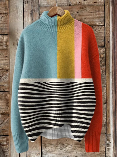 Bauhaus Style Geometric Art Printed Knit Turtleneck Pullover Sweater