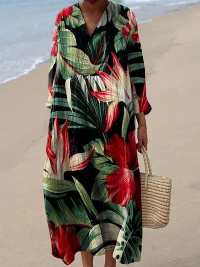 Decorative Pattern with Large Tropical Leaves and Red Flowers Flowy Dress