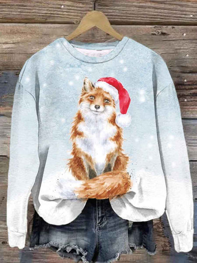 Unisex Christmas Red Fox Print Casual Sweatshirt