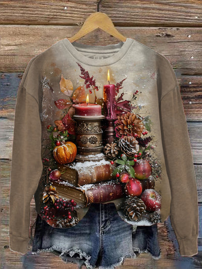 Unisex Vintage Christmas Candle Print Casual Sweatshirt