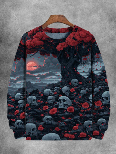 Unisex Skull And Red Flower Print Long Sleeve Sweatshirt