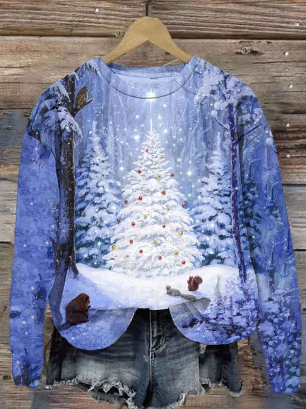 Unisex Snow Christmas Tree Print Casual Sweatshirt