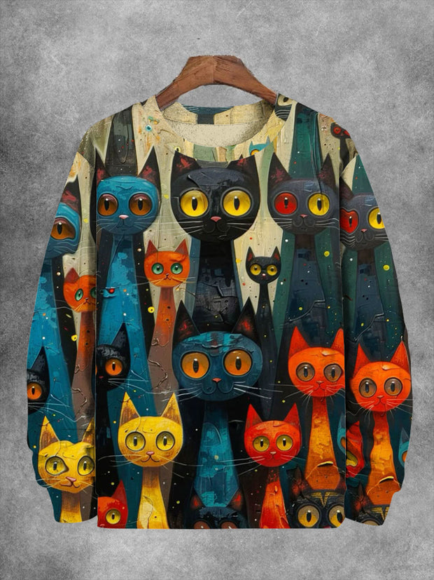 Unisex Cat Abstract Print Long Sleeve Sweatshirt