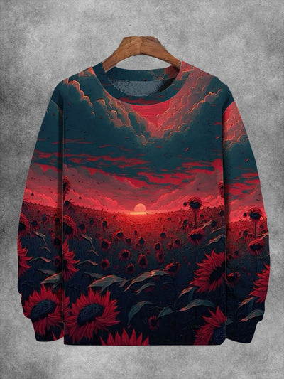 Unisex Sunset Sunflower Scene Abstract Print Long Sleeve Sweatshirt