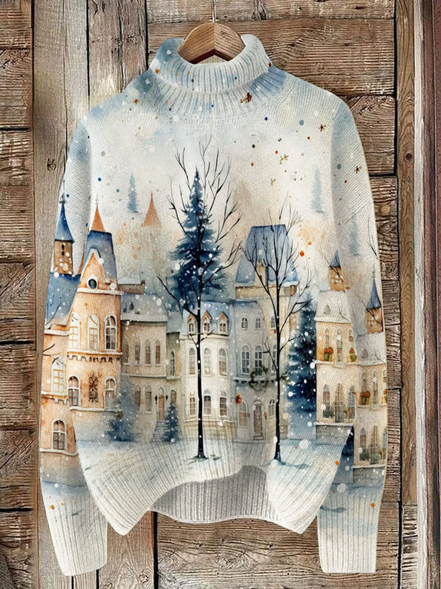 House Print Knit Turtleneck Pullover Sweater