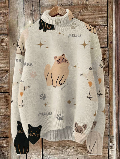 Cats Print Knit Turtleneck Pullover Sweater