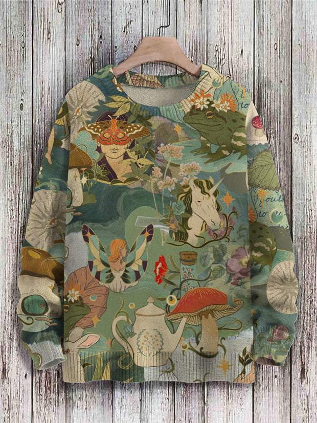 Vintage Animals And Plants Art Print Knit Pullover Sweater