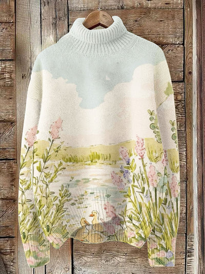 Duck And Flower Style Print Knit Turtleneck Pullover Sweater