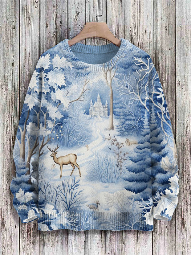 Vintage Christmas Reindeer Printed Knit Pullover Sweater