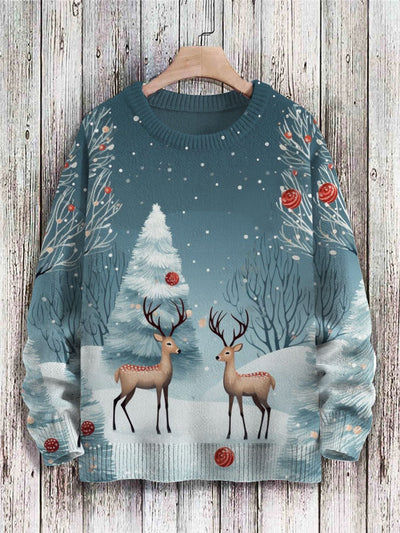 Vintage Christmas Reindeer Printed Knit Pullover Sweater