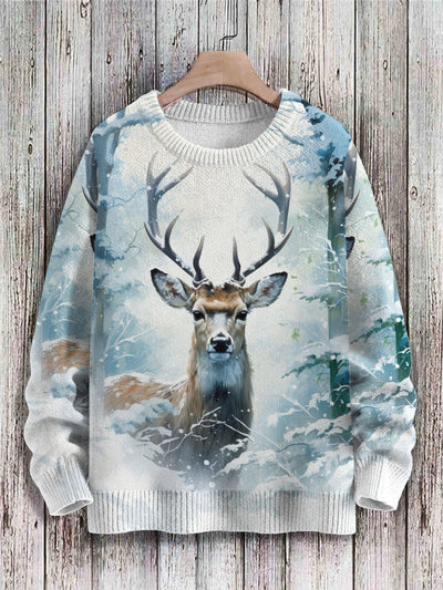 Vintage Christmas Reindeer Printed Knit Pullover Sweater